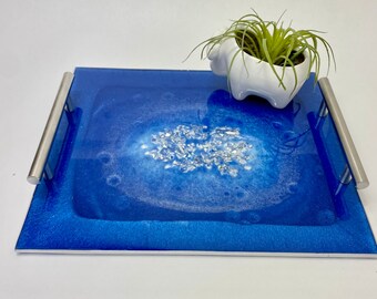Geode blue and silver resin decorative serving tray with modern silver bar handles, large 12x10”