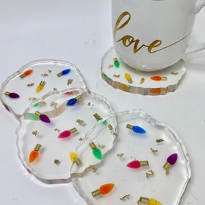 Christmas coasters, 3d Christmas lights and gold flakes in resin coaster set with modern CLEAR edges. Great hostess gift