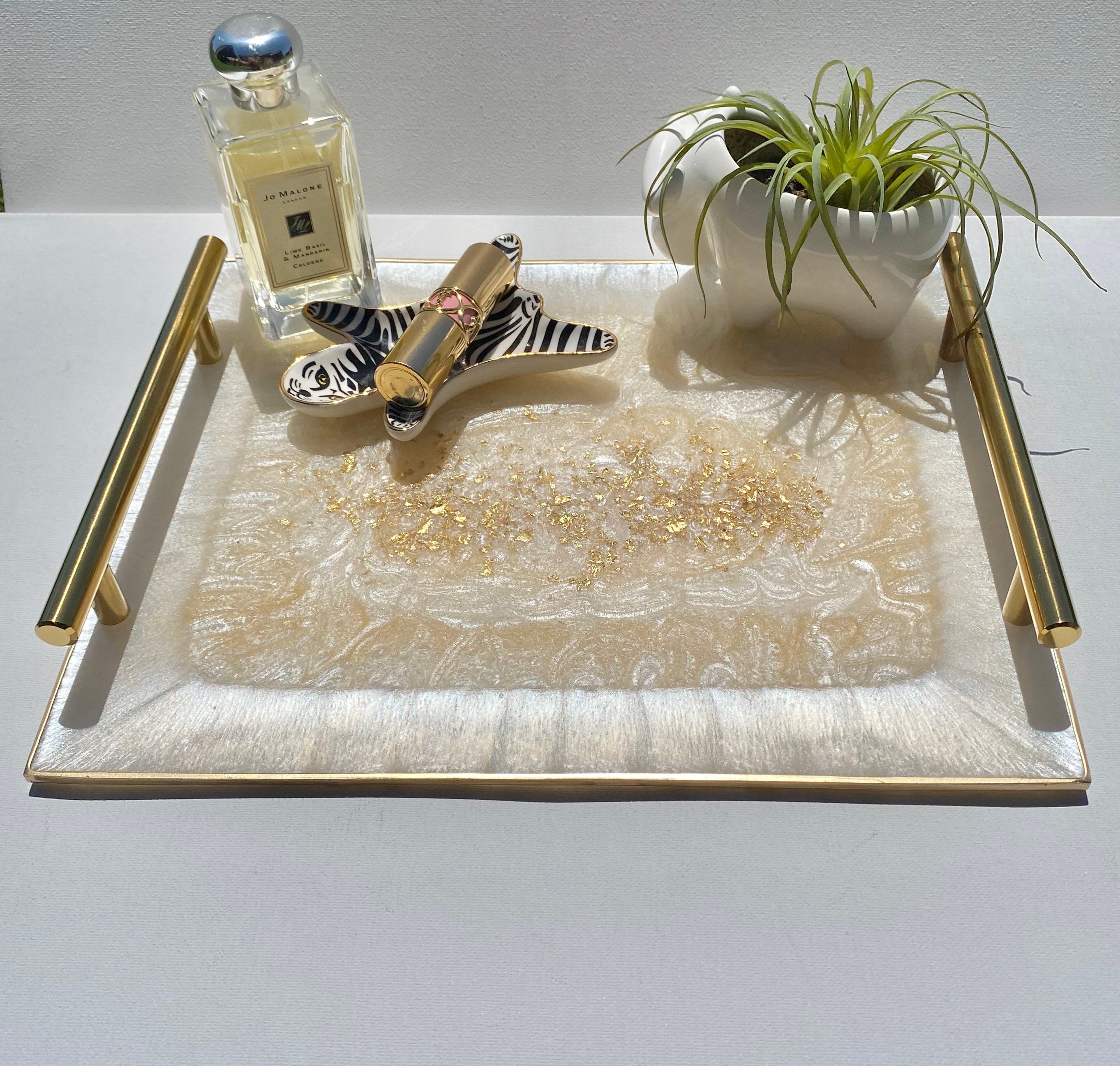 Regency era tea time service tray, geode moonstone white resin tray with handles 12x10”