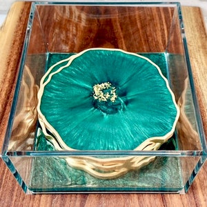 Resin coaster set geode agate Emerald green coasters w gold accents great housewarming, teacher, realtor gift image 9