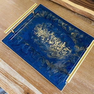 Geode agate Navy blue resin decorative serving tray with modern gold bar handles, large 12x10”