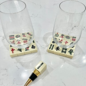 3d Mahjong real tile Crack Bam Dot coasters and wine topper stopper cork. Unique hostess gift, game or party.  Handmade functional pop art.