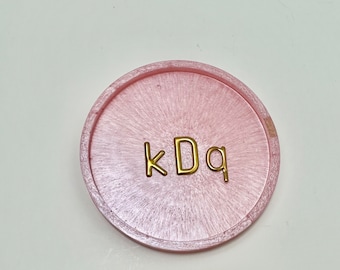 Custom monogram  initial resin ring dish, jewelry holder. Light pale pink w 3d gold lettering. Great gift under 20 for brides, kids teens.