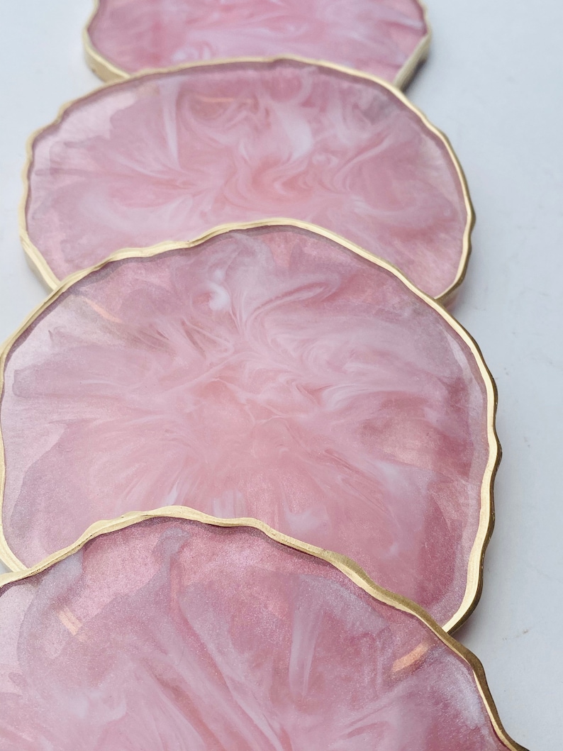 Resin coaster set pink and White marble look Geode Agate Epoxy Coasters, great housewarming gifts. Easter spring modern home decor. image 6