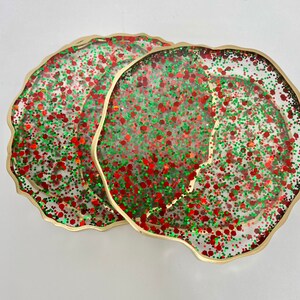 Christmas coasters, red and green bling resin coaster set with GOLD edges. Great hostess gift image 4