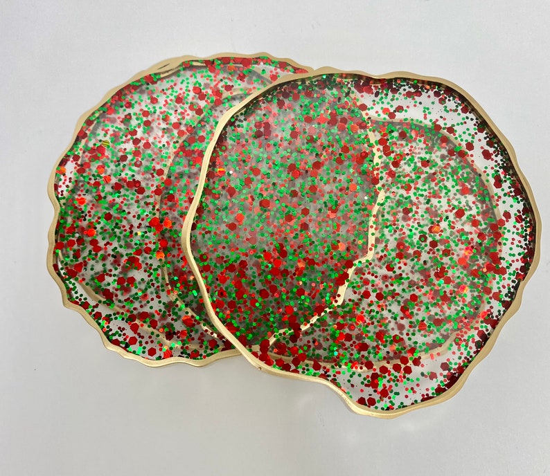 Christmas coasters, red and green bling resin coaster set with GOLD edges. Great hostess gift image 4