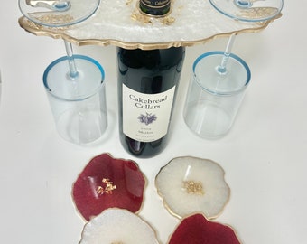 Christmas candy cane color Resin coaster gift set geode agate red and white coasters w wine butler, housewarming, wine lover gifts