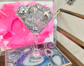 Disco ball faux martini shelf decor, resin pop art luxury kitchen bookshelf bar cart prop. Unique gift for Wine Martini lovers, bartenders