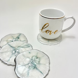 Resin coaster set, moonstone white & emerald green geode agate coaster set with silver accents. Great housewarming, realtor/teacher gifts