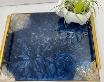 Geode agate DARK Navy blue swirls resin serving tray with modern gold bar handles, large 12x10” great housewarming, realtor gift