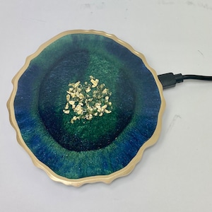 wireless resin charger pad, navy emerald mix Geode. PHONE 8 and newer, Note and Pods,All colors avail