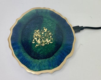 wireless resin charger pad, navy emerald mix Geode. PHONE 8 and newer, Note and Pods,All colors avail