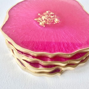 Pink Resin geode agate Coasters Set, Magenta pink with gold accents. Great Mothers Day gift image 6