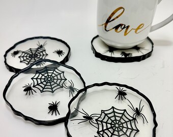 Halloween goth spider resin coaster set-super unique snake decor, minimal gift for bug lovers. Clear resin w spiders/ web. BLACK edges