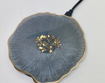 wireless charger pad, LIGHT Charcoal gold Geode agate resin. PHONE 8 and newer, Note, Pods, All colors available.