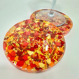 秋冬の感謝祭の飾り。スプリンクル樹脂コースターセット。ユニークな手作りのホステスギフト、プレースセッティング、バーカートのポップアート