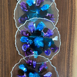 Resin coaster set-4 blue and purple alcohol ink, modern and reversible  - Handmade, large size !