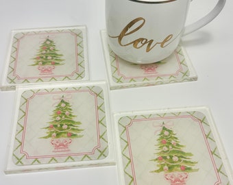 Chinosoire pink holiday Christmas tree resin coasters. Grand millennial minimal tabletop home decor. Unique Christmas decor gift