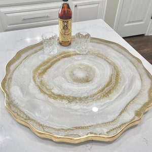 Huge luxury white and gold 30” lazy Susan tabletop turntable. Super unique home decor, amazing gift. Functional tabletop art. Luxury gift