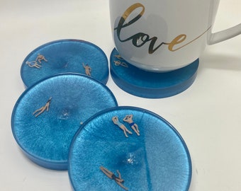 Unique modern pop art 3d resin coasters w mini swimmers, unique Christmas gift, beach lake house gift, swim coach gift