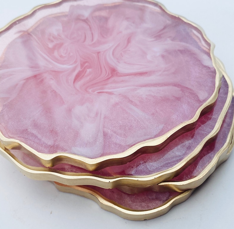 Resin coaster set pink and White marble look Geode Agate Epoxy Coasters, great housewarming gifts. Easter spring modern home decor. image 4