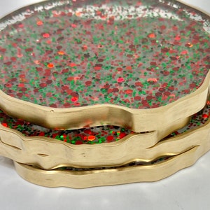 Christmas coasters, red and green bling resin coaster set with GOLD edges. Great hostess gift image 3