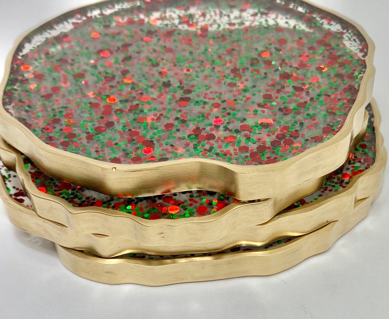 Christmas coasters, red and green bling resin coaster set with GOLD edges. Great hostess gift image 3