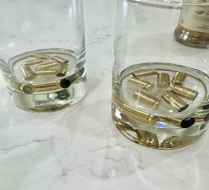 4 whiskey glasses w real brass shell bullet casings cast in resin. Great gift for hunters, whiskey lovers. Unique gift for dad, husband image 2