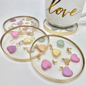 Valentine’s Day decor Candy coasters, 3D conversation hearts and gold flake resin coaster set with GOLD edges. Great Valentines gift