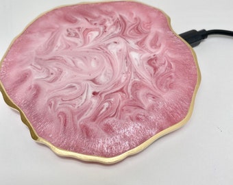 wireless charger pad, pink marble Geode agate resin. PHONE 8 and newer,  Note and Pods, All colors available.