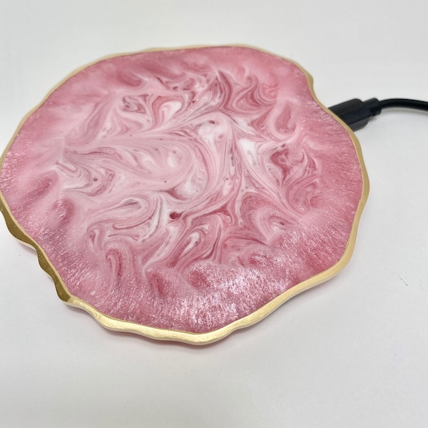 Base de carga inalámbrica, resina de ágata geoda de mármol rosa. Compatible con iPhone 8 y posteriores, Note y iPod. Todos los colores disponibles.
