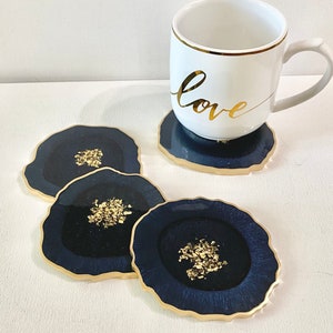 Resin coaster set-DARK Navy agate geode Resin Coasters with gold accents -Great housewarming, realtor, teacher gifts