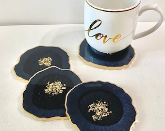Resin coaster set-DARK Navy agate geode Resin Coasters with gold accents -Great housewarming, realtor, teacher gifts