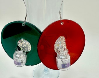 Pair of 3d glitter spilling Botox vial  Christmas ornament. injector, nurse doctor gift. Unique upcycled resin Botox lover Christmas gift.