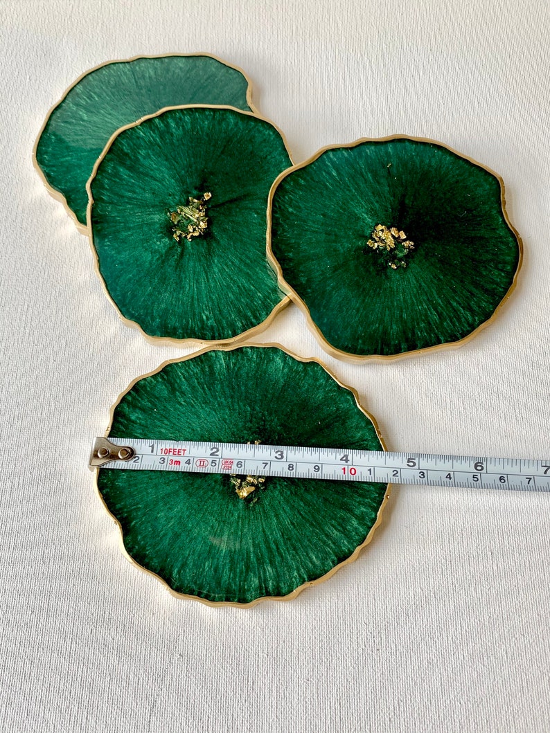 Resin coaster set geode agate Emerald green coasters w gold accents great housewarming, teacher, realtor gift image 5