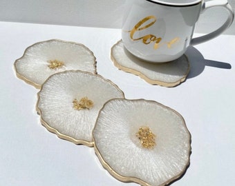 Geode Resin Coaster set, moonstone white and gold Handmade Agate Epoxy Coasters, large size  - Great Mother’s Day gift