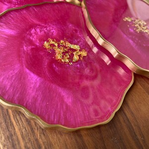 Pink Resin geode agate Coasters Set, Magenta pink with gold accents. Great Mothers Day gift image 7