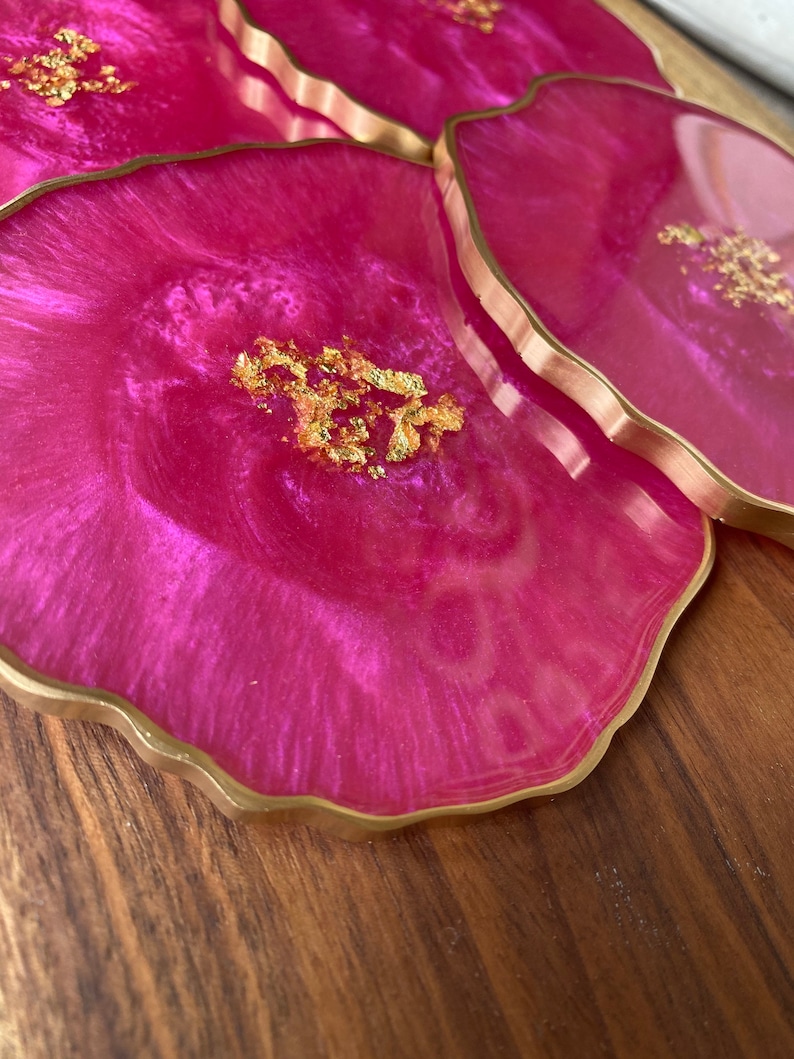 Pink Resin geode agate Coasters Set, Magenta pink with gold accents. Great Mothers Day gift image 7