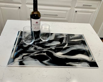 24x16 huge luxury Resin geode black & white modern tray with silver accents/handles. Great housewarming or gift for someone who has it all!