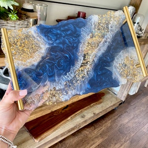 Resin Geode Tray, agate style DARK Navy blue resin decorative serving tray with modern gold bar handles, 13.5x8”  ANY color avail