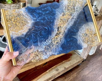 Resin Geode Tray, agate style DARK Navy blue resin decorative serving tray with modern gold bar handles, 13.5x8”  ANY color avail