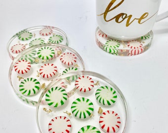Christmas coasters, 3D peppermint and gold flake resin coaster set with modern CLEAR edges. Great hostess gift