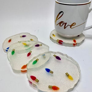 Christmas coasters, 3D Christmas lights and snow sparkles in resin coaster set, modern CLEAR  edges. Great hostess gift