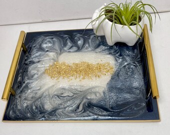 Geode agate DARK Navy blue and white swirls resin serving tray with modern gold bar handles, large 12x10” great housewarming, realtor gift