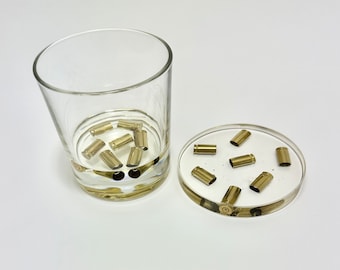 Bullet shell brass casing ammo Resin Coaster Whiskey Glass Set, Great gift for whiskey lovers, fathers day  gift, Guys who hunt, husbands.