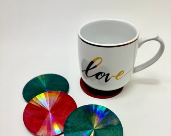 4 Christmas coasters, hologram red and green resin coaster set, hostess gift. Super unique minimal traditional retro Christmas decor