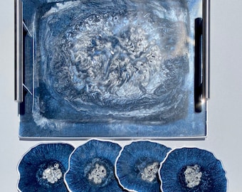 Geode DARK Navy blue resin coaster set and  serving tray with modern silver bar handles, large 12x10”