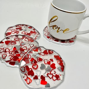 Valentine’s Day decoration coasters, 3D silver and red hearts resin coaster set with silver edges. Great Valentines galentines gift