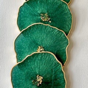 Resin coaster set geode agate Emerald green coasters w gold accents great housewarming, teacher, realtor gift image 2