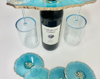 Resin coaster gift set, turquoise teal geode agate coaster set w wine butler, housewarming, bridal, realtor wine lover gifts